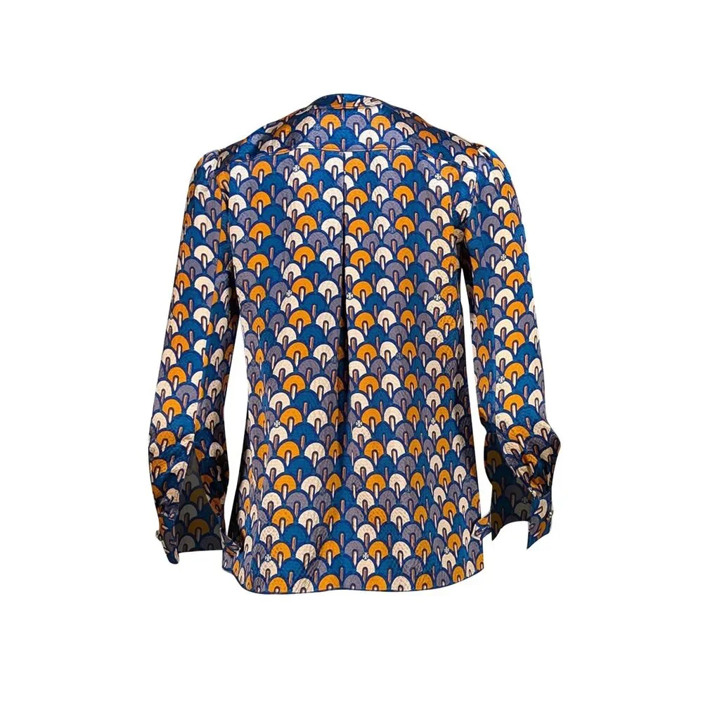 Tory Burch - Blue, Grey, & Mustard Print Ruffle Front Blouse Sz 2